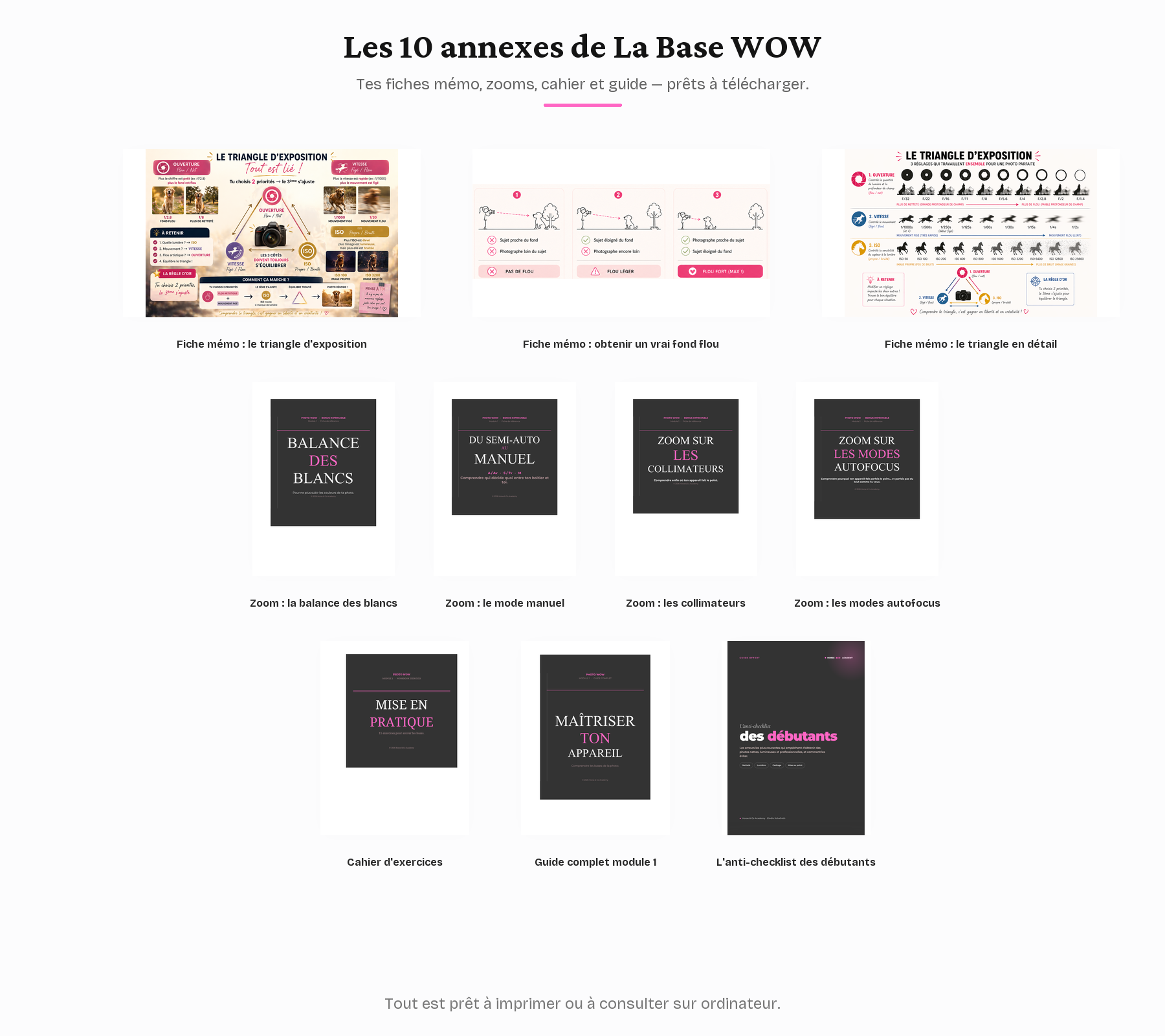 Mockup de toutes les annexes incluses : fiches mémo, zooms techniques, cahier d'exercices, guide complet et anti-checklist